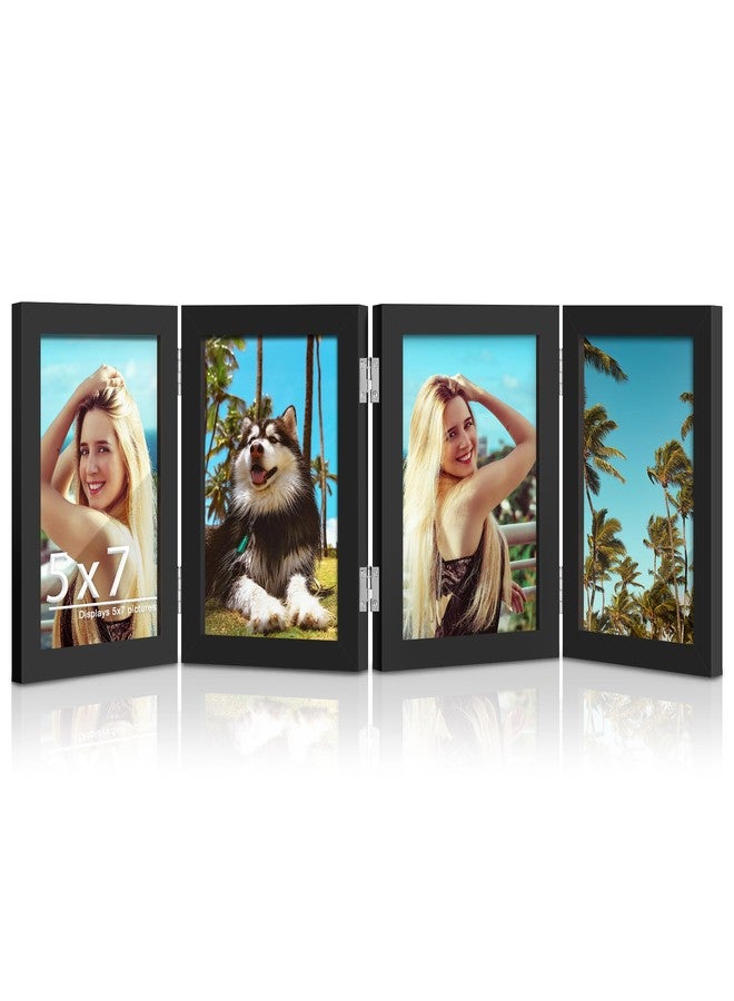 DUENPY 4 Folding 5x7 Picture Frame Horizontal Engineered Wood Accordion Photo Frame with Plexiglass Tabletop Bookshelf Display Black - Image 1